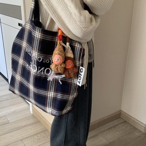 韩国原创自制款格纹帆布包