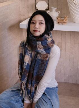 韩国潮牌ins秋冬新款2024新款韩版复古格纹网红围巾穿搭格子围脖