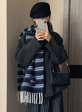 北欧小众款！冬日氛围感！羊毛混纺条纹拼色长围巾保暖百搭经典款