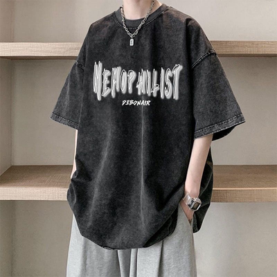 重磅纯棉300斤特大码简约水洗做旧短袖t恤男夏宽松百搭hiphop上衣