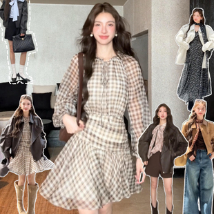 法式高级感长袖格纹连衣裙子女早秋季2025新款小个子气质雪纺短裙