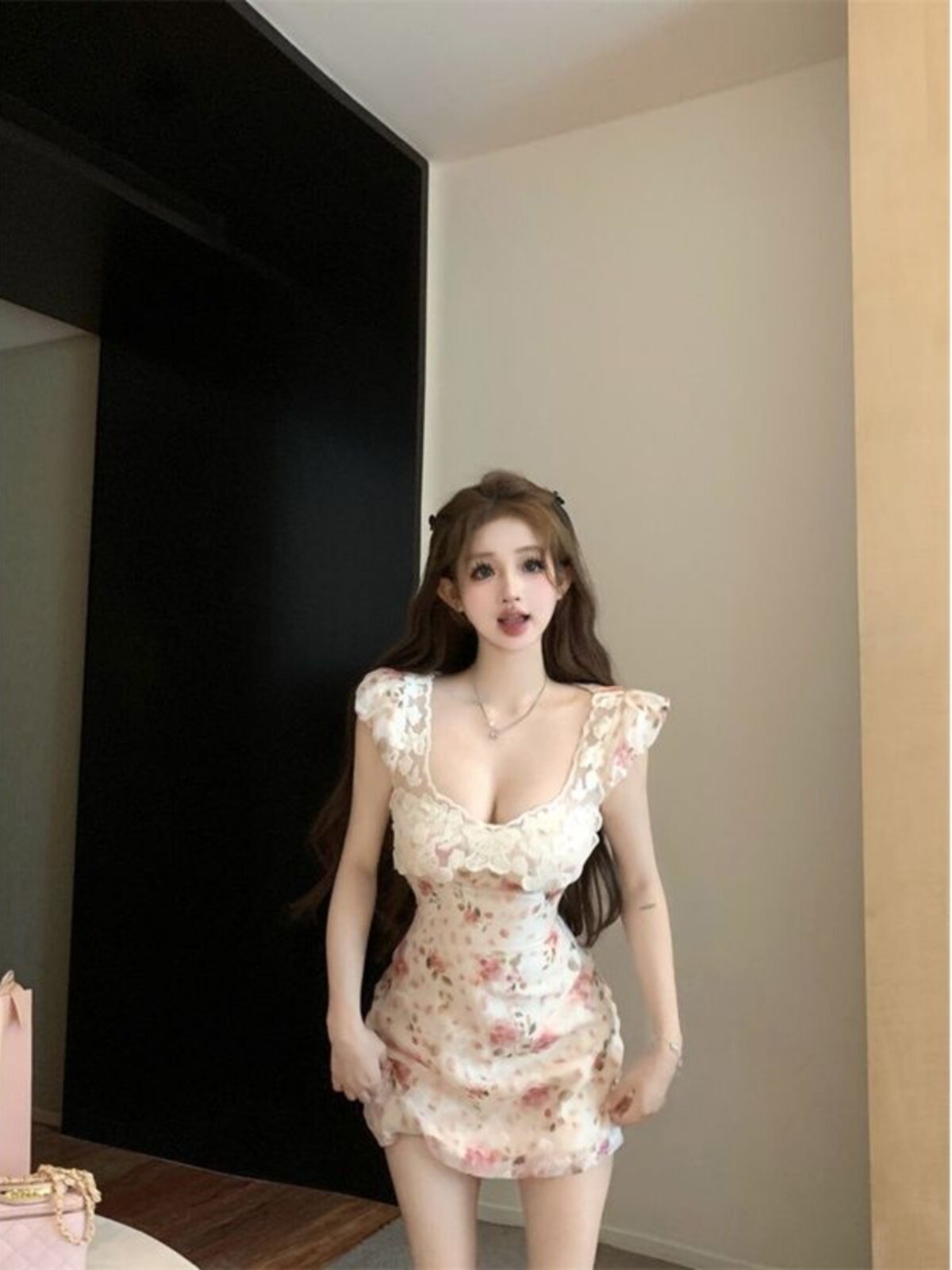 Кружевное платье Xiaofei с v-образным вырезом и цветочным принтом, женское летнее сексуальное платье pure desire, короткая юбка, облегающая талию, юбка трапециевидной формы Изображение 1
