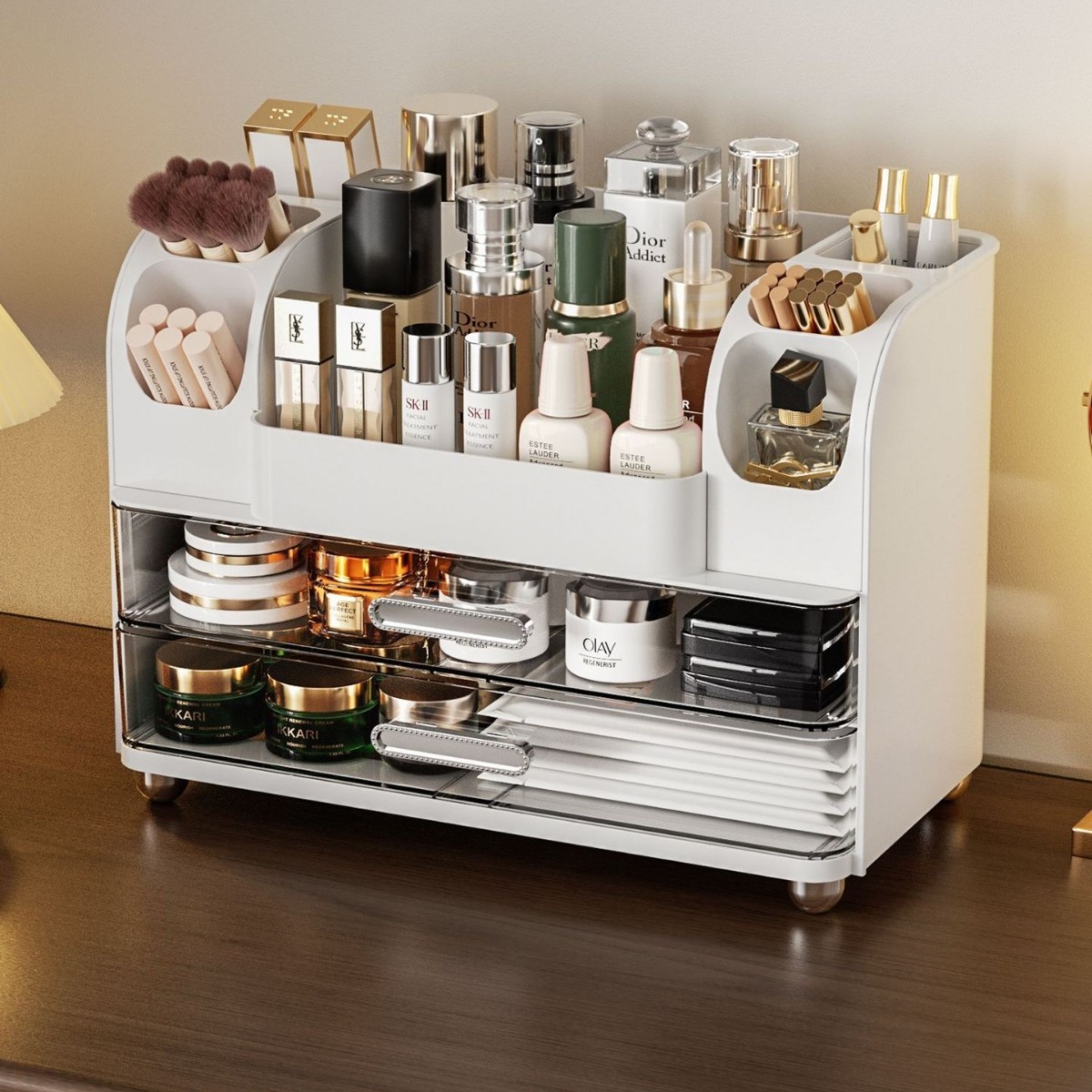 抽屉式化妆品收纳盒宿舍书桌护肤品桌面轻奢梳妆台面膜口红置物架