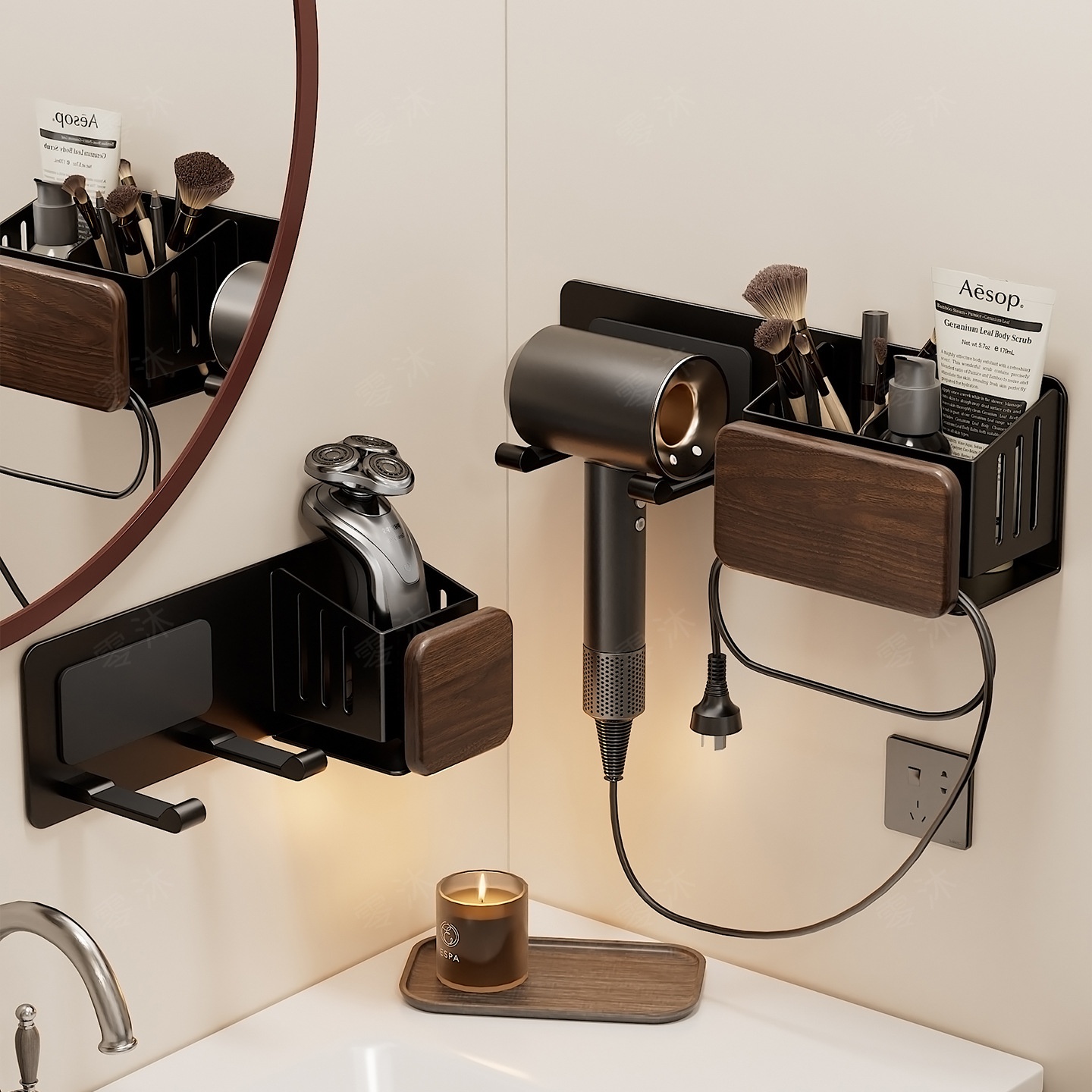 胡桃木吹风机置物架卫生间免打孔洗漱台壁挂上墙支架化妆刷收纳架