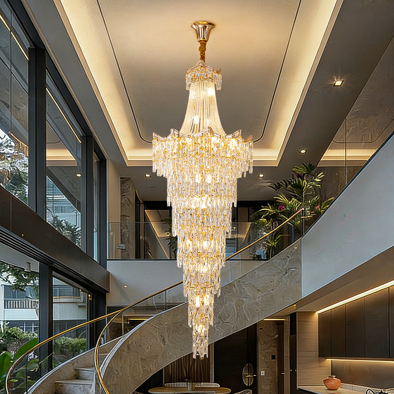 复式楼客厅大吊灯楼中楼旋转楼梯长吊灯别墅中空后现代轻奢水晶灯