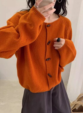 全羊毛毛衣外套女秋冬韩版宽松显瘦百搭牛角扣软糯针织衫开衫上衣