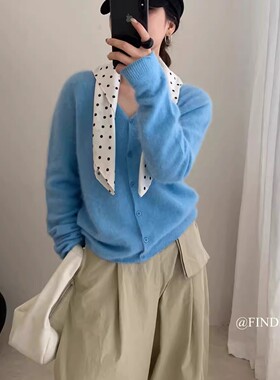 宽松百搭V领纯色单排扣毛衣外套女休闲小个子羊绒细羊毛针织开衫
