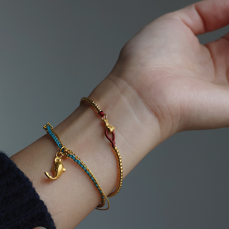 招财锦鲤 999足金实心编绳手链古法黄金本命年原创手绳新中式礼物