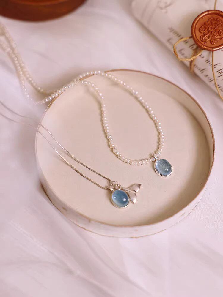 天然海蓝宝珍珠项链鱼尾吊坠毛衣配饰长款叠戴高级设计感锁骨链女