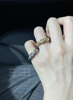 CeroEnMi 复古小众设计窄版十字架锆石镀金银镶嵌开口戒指
