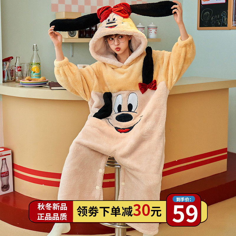 睡衣女秋冬季珊瑚绒连体连帽法兰绒加厚保暖家居服可外穿睡裙冬天