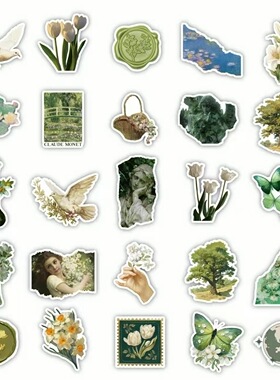 油画蝴蝶贴纸绿色清新唯美电脑DIY手账行李箱文艺62张手机装饰