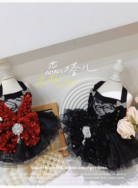 超小体狗狗衣服马尔济斯比熊亮片吊带纱裙泰迪赫本风黑色连衣裙夏