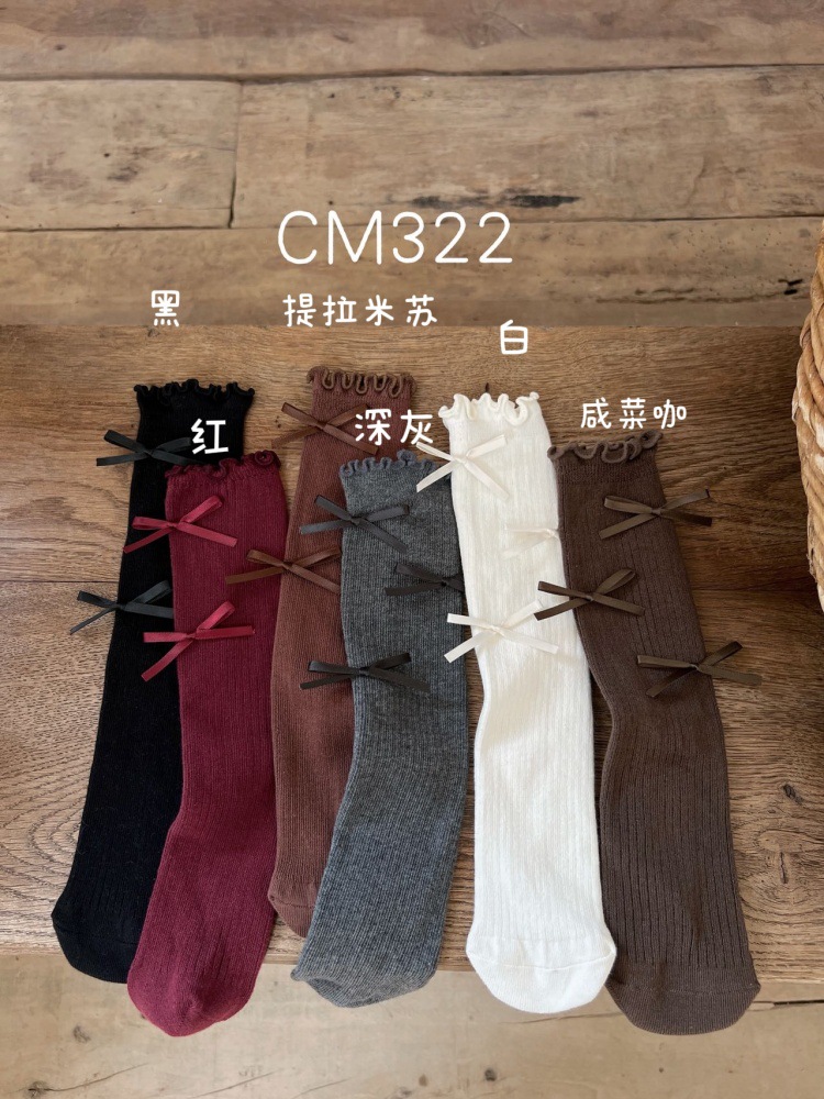 CM322女童堆堆袜秋冬新款木耳边多蝴蝶结洋气中筒袜长筒袜小腿袜