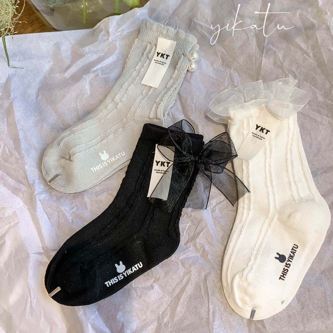 Yikatu伊卡兔儿童袜子2024春夏新款珍珠蝴蝶结花边网眼童袜