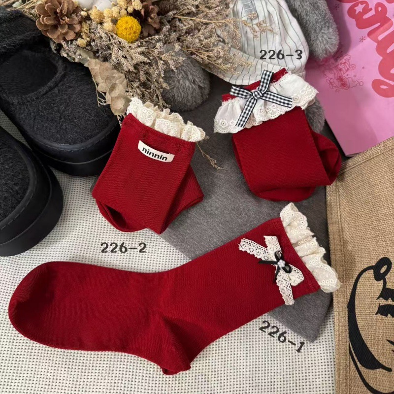 26马年新年袜蕾丝花边蝴蝶结甜美本命年结婚喜庆红色袜子棉中筒袜