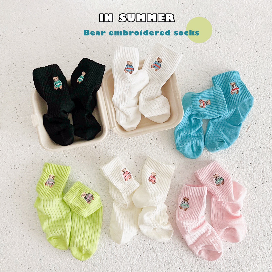 米若克儿童袜子24年春夏彩色小熊刺绣学生袜透气短袜棉袜男女童袜