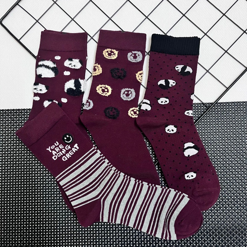 复古波点条纹羽毛纱笑脸袜子女安可拉红撞色时尚舒适棉堆堆中筒袜