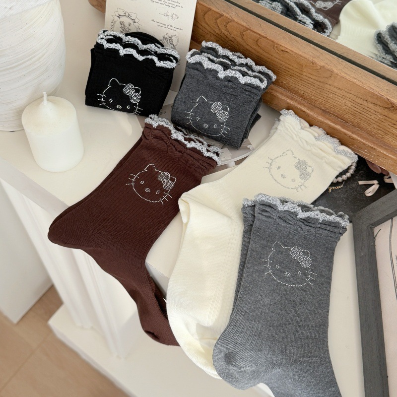 2025秋冬新款袜子女潮袜甜美可爱烫印小猫银丝线无骨袜中筒堆堆袜