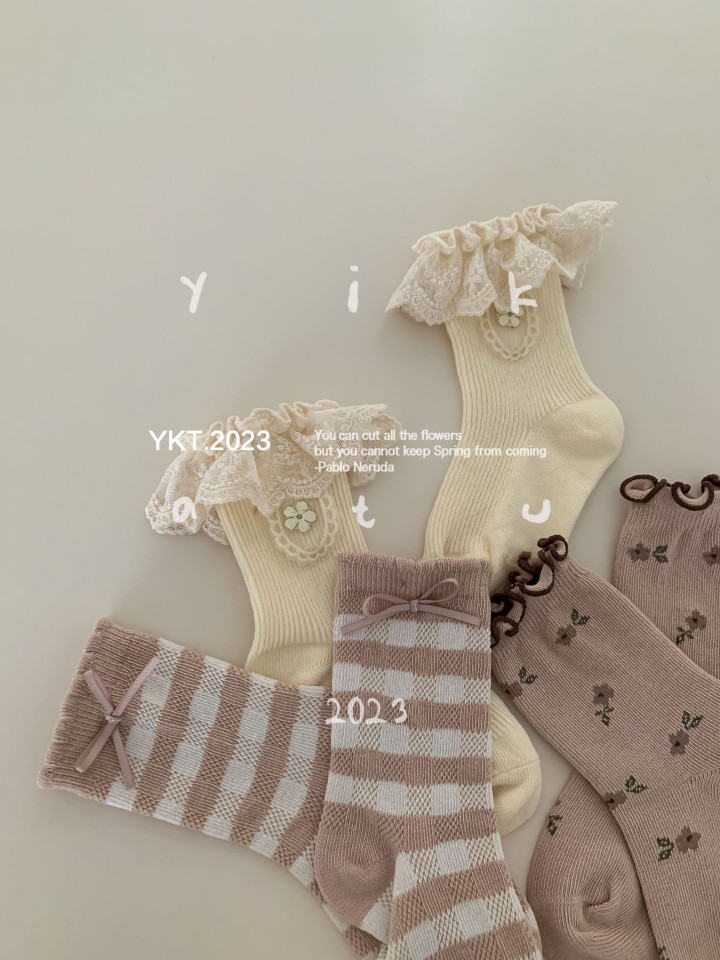 Yikatu伊卡兔儿童袜子秋款新款花边蝴蝶结绣标女童无骨缝头