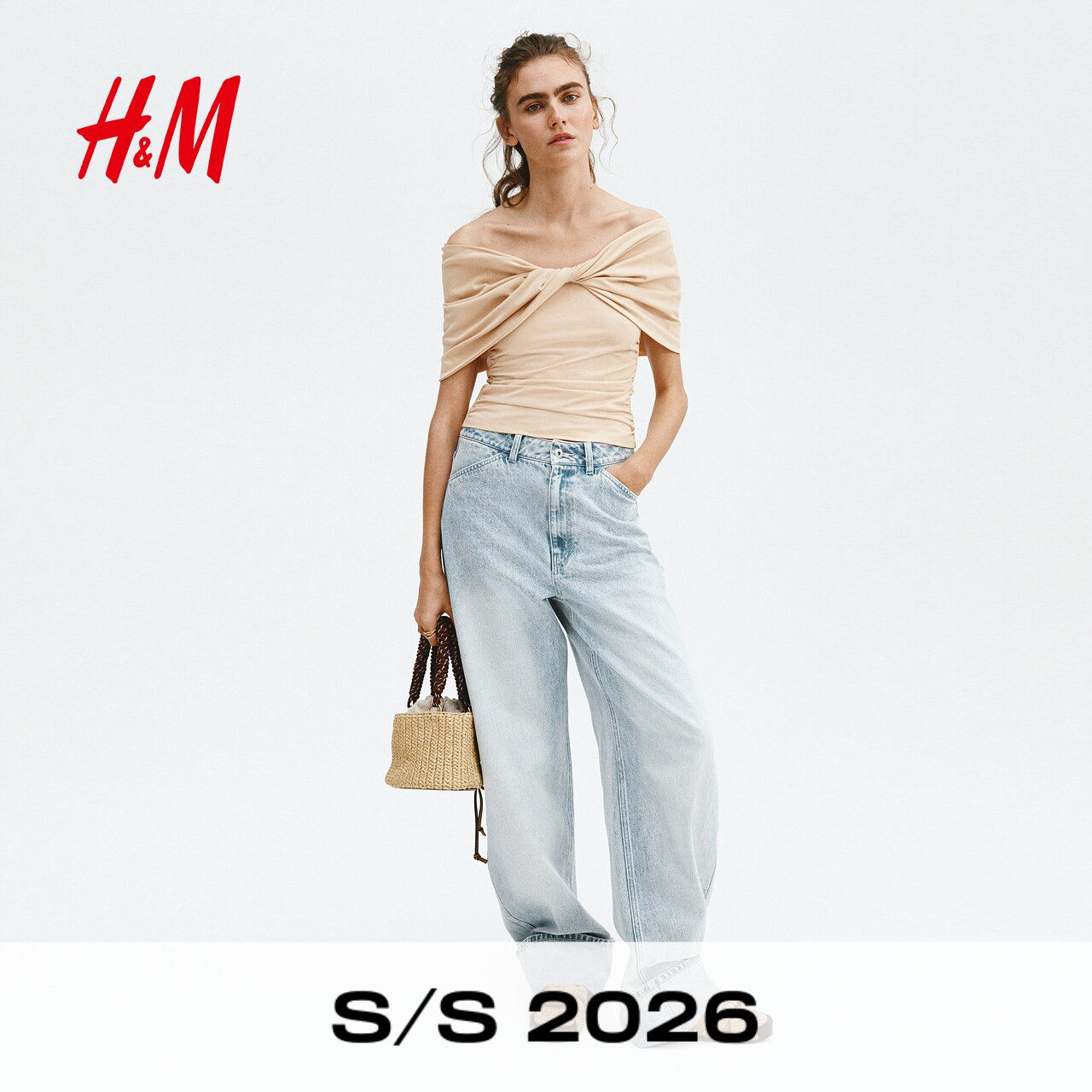 【Edition系列】HM女装T恤2026夏季新款女装扭结露肩上
