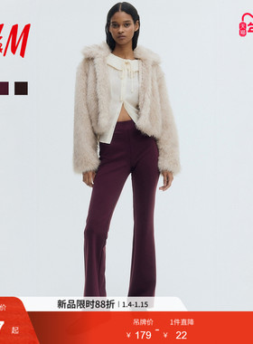 HM女装裤装冬季红色长裤修身高腰休闲时尚喇叭裤1314577