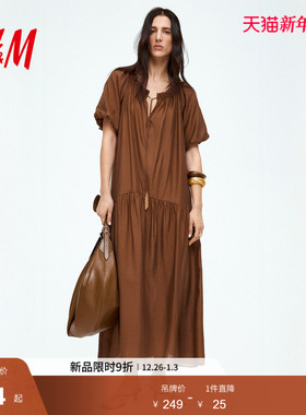 HM S/S女装连衣裙春季抽绳设计衬衫短袖有领长裙1276491