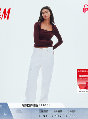 HM女装T恤冬季细纤维方领时尚修身内搭红色上衣1300927