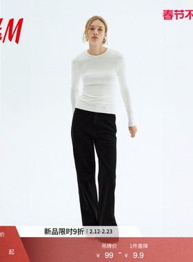 HM女装T恤春季时尚潮流柔软简约休闲长袖汗布上衣1254718