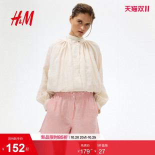 HM女装裤子2026夏季新款亚麻混纺纸袋高腰直筒裤条纹短裤1334180