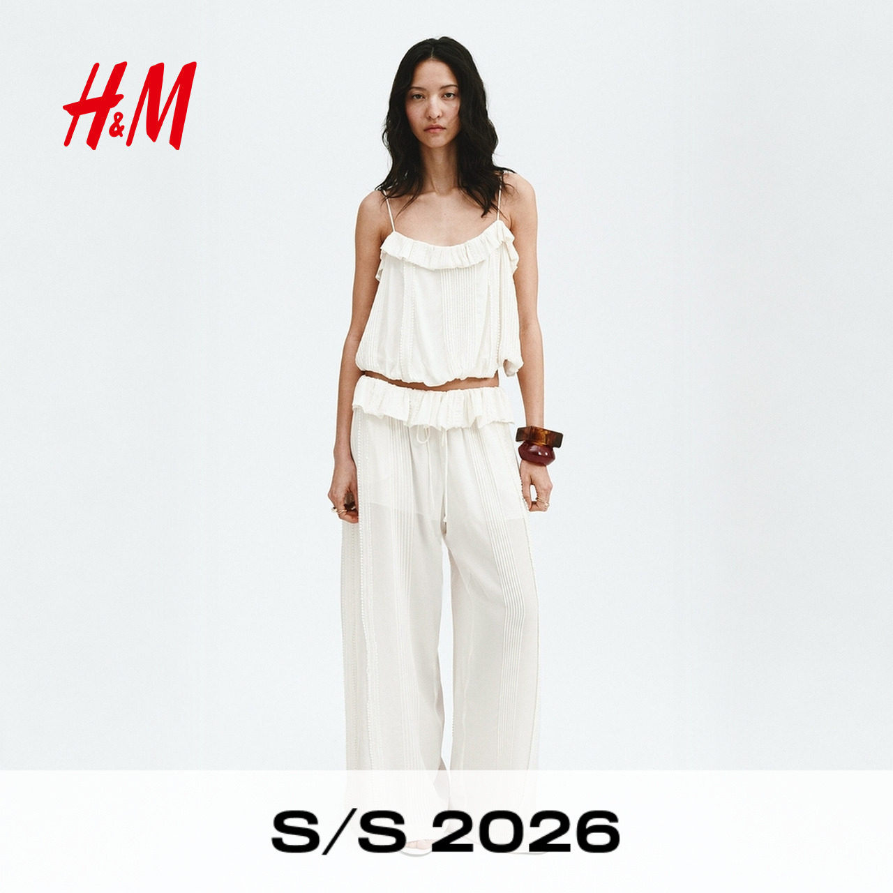 HM女装裤子2026夏季新款悠然夏日风细褶蕾丝边度假休闲裤1337508