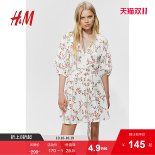 V领腰部系带A字短裙1239272 收腰印花灯笼袖 HM女装 花卉连衣裙秋季