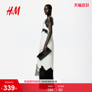 HM女装连衣裙2026夏季新款缎质V领蕾丝边吊带裙连身中长裙1332686