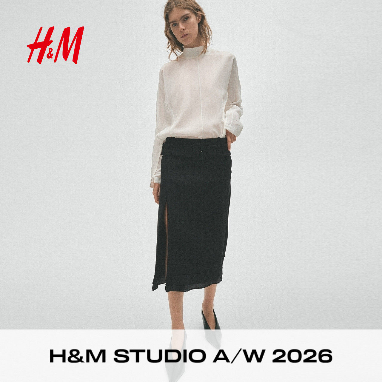 【H&M STUDIO AW】女装半身裙2026秋季新款配腰带羊毛裙子1356515