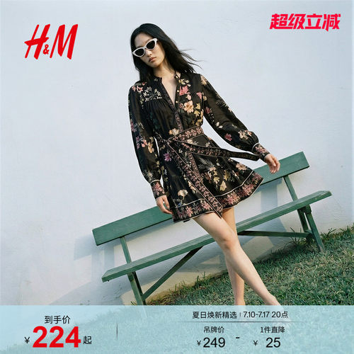 HM女装连衣裙2026夏季新款腰部系带裙衫式印花短款连身裙1000158