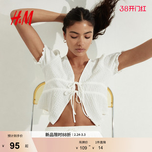 HM女装衬衫春季泡泡纱短袖衬衣皱感正面系带宽松上衣1299542