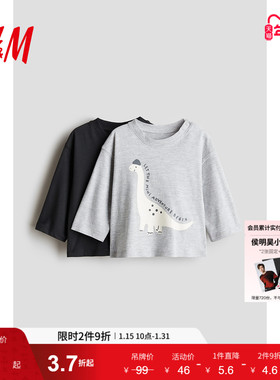 HM童装男婴T恤2件装2024冬季新品休闲时尚舒适柔软长袖T恤1236875
