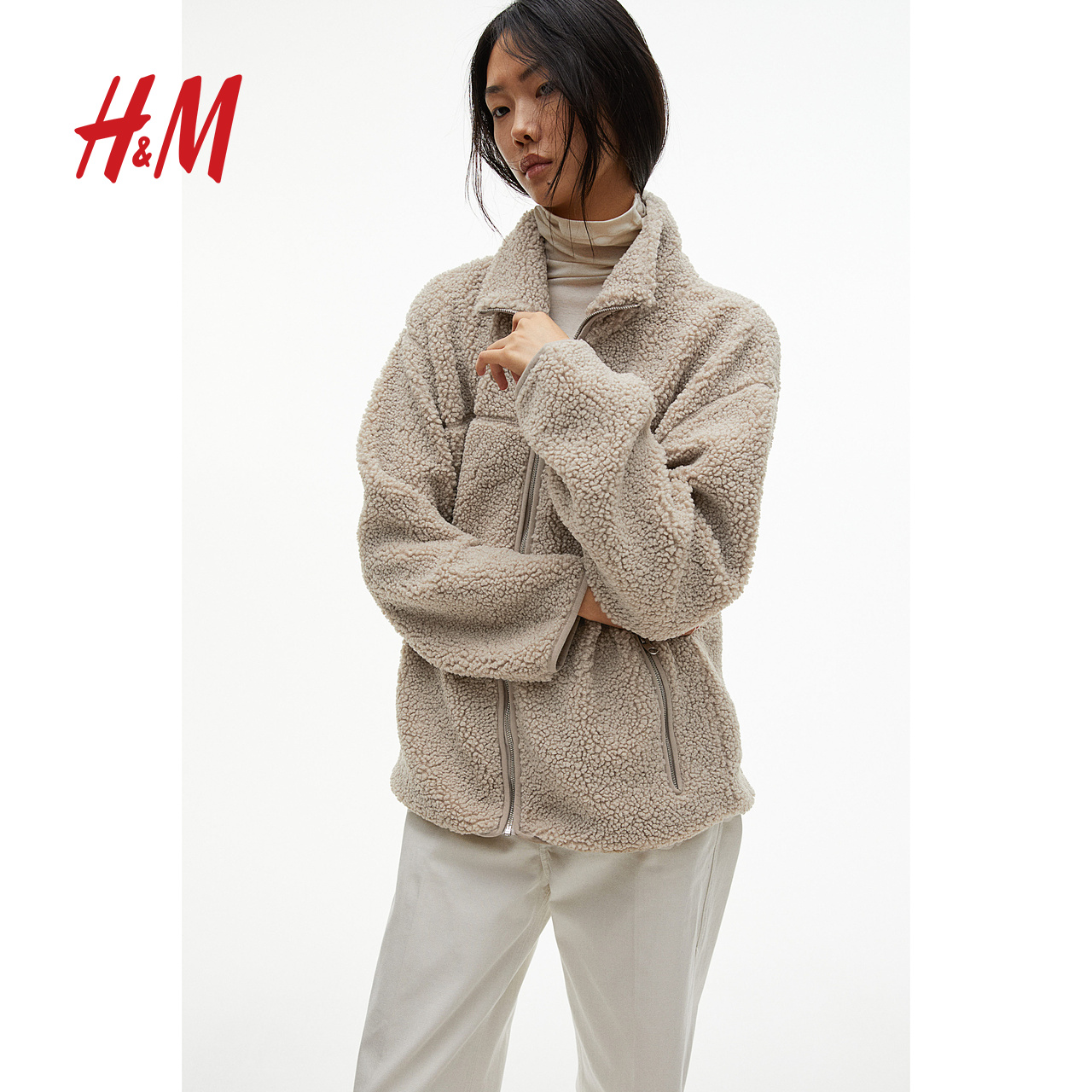 HM女装短外套2023冬季新款休闲居家宽松拉链泰迪绒上衣1197021