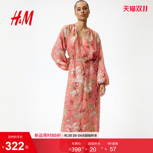 HM女装连衣裙浪漫度假海边穿搭系腰带连身裙小镂空裙子1351646