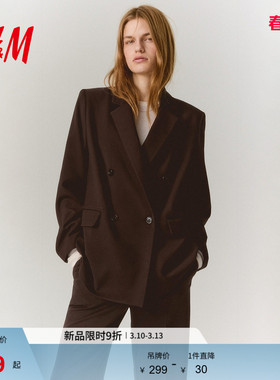 HM女装西装春季通勤质感学院风双排扣平驳领宽松西服外套1232584