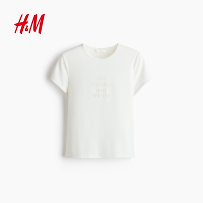 HM女装T恤夏季圆领字母柔软针织汗布短袖上衣1297168