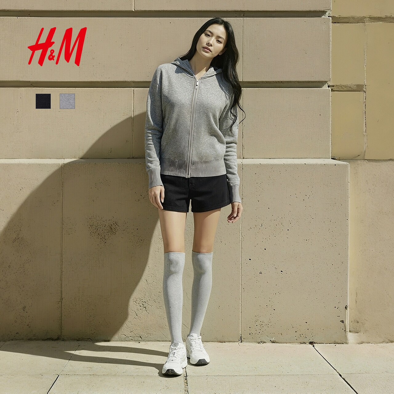 HM女装毛针织衫滑雪风连帽式毛衣高智感针织开衫1000053