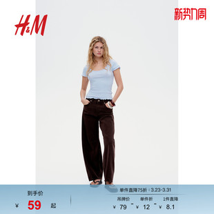 低圆领短袖 HM女装 修身 蕾丝边网眼短袖 上衣1284156 T恤春季