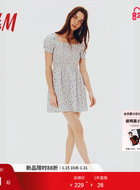 HM女装花卉连衣裙法式方领泡泡袖缩褶府绸设计感碎花裙1274547