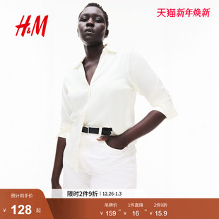 衬衫 上衣 冬季 通勤V领光泽感长袖 0939703 空调衫 HM女装