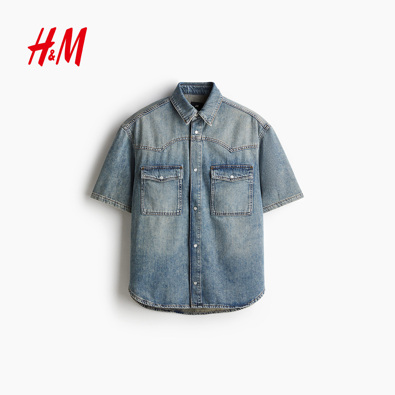 HM夏季男装时尚休闲百搭宽松版短袖牛仔衬衫1297294