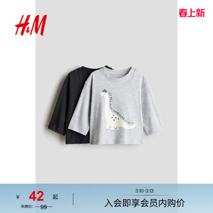 HM童装男婴T恤2件装2024春季新品休闲时尚舒适柔软长袖T恤1236875