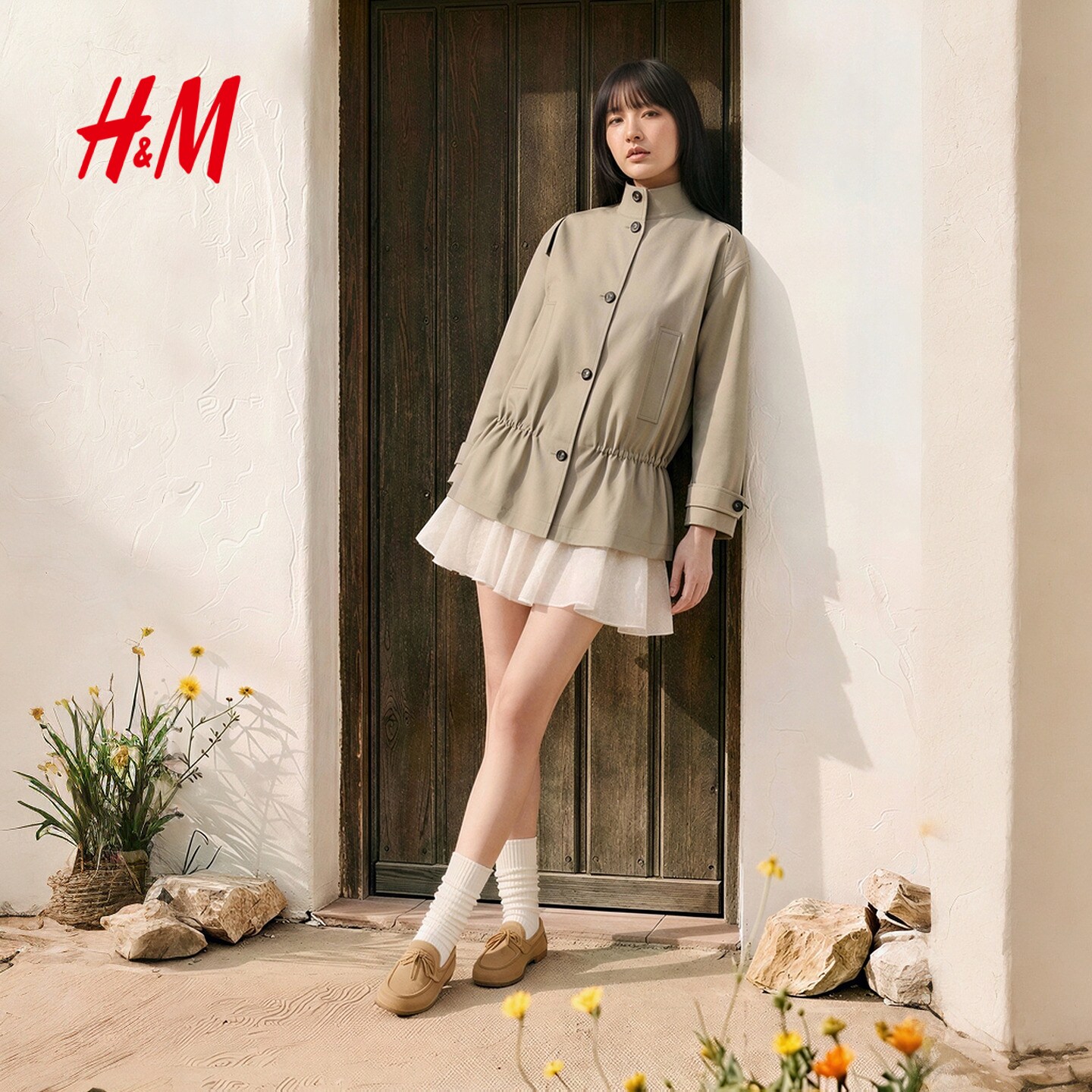 HM女装风衣中长款时尚花苞抽绳型休闲大衣1000019