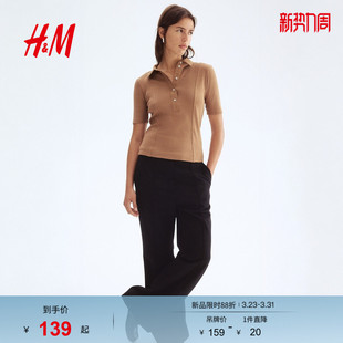 休闲梭织短袖 HM女装 翻折领时尚 春季 上衣1304693 POLO衫