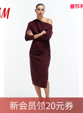HM女装红色连衣裙春季气质垂褶单肩连衣裙1253897